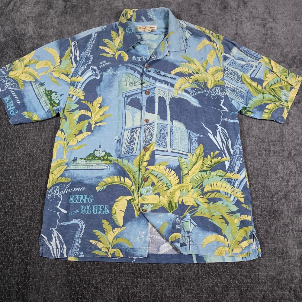 Tommy Bahama King of the Blues Silk Shirt Mens M Blue New Orleans Jazz Print